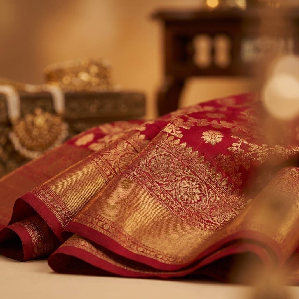 Intricate zari work on traditional fabric