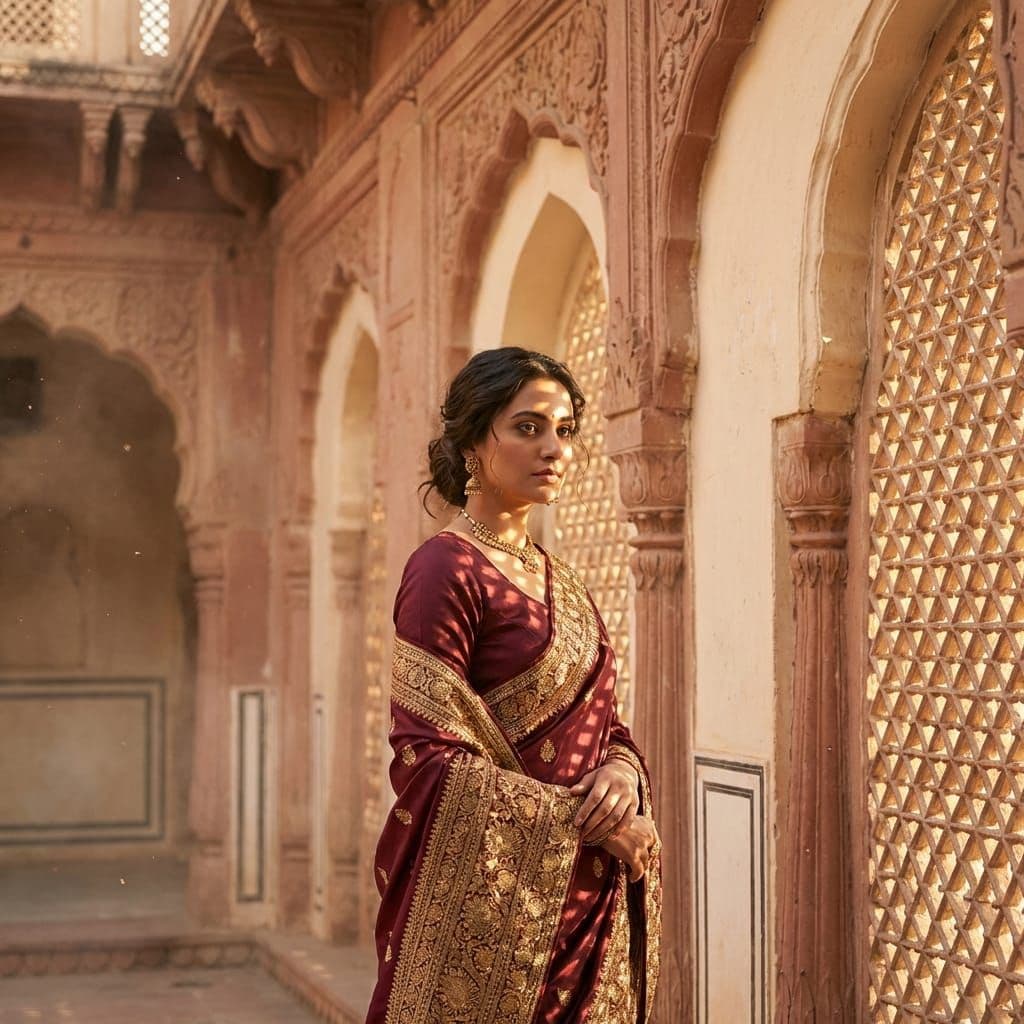 Elegant Indian woman in maroon Banarasi silk saree